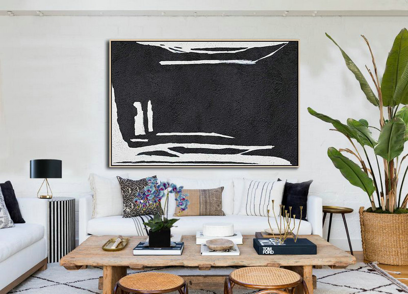 Modern Paintings On Canvas,Hand Painted Oversized Horizontal Minimal Art On Canvas, Black And White Minimalist Painting - Acrylic Painting On Canvas